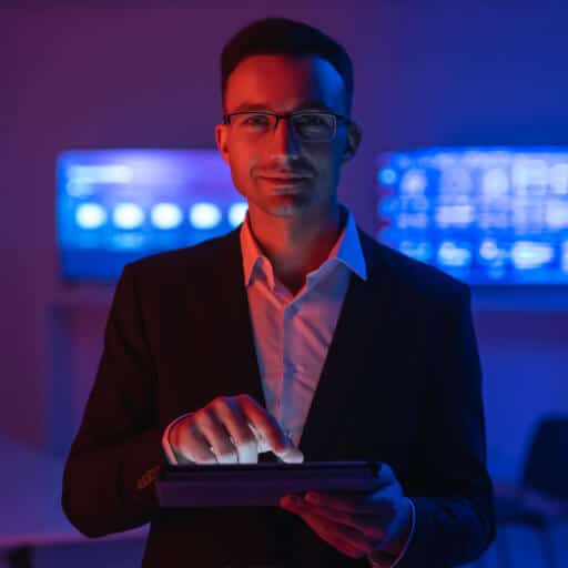 The happy man in glasses with a tablet working in a room with screens